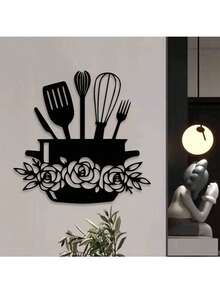 1 件现代艺术厨房用具金属墙面艺术装饰金属墙面装饰壁挂适用于室内外房间客厅浴室厨房办公室（黑色）