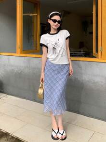 Chân váy kẻ caro nơ cho nữ, phong cách đường phố dễ thương và thanh lịch, chân váy chữ A dài vừa phải cổ điển có viền xếp nếp, mùa hè - Xám - Xem 4