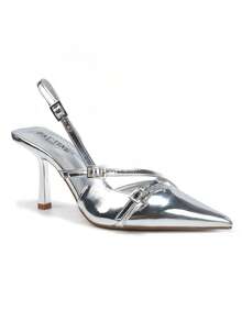 RevReaL 女士漆皮细带尖头细高跟鞋，性感休闲可爱仙女婚礼优雅时尚带扣 - 銀色 - 查看 1