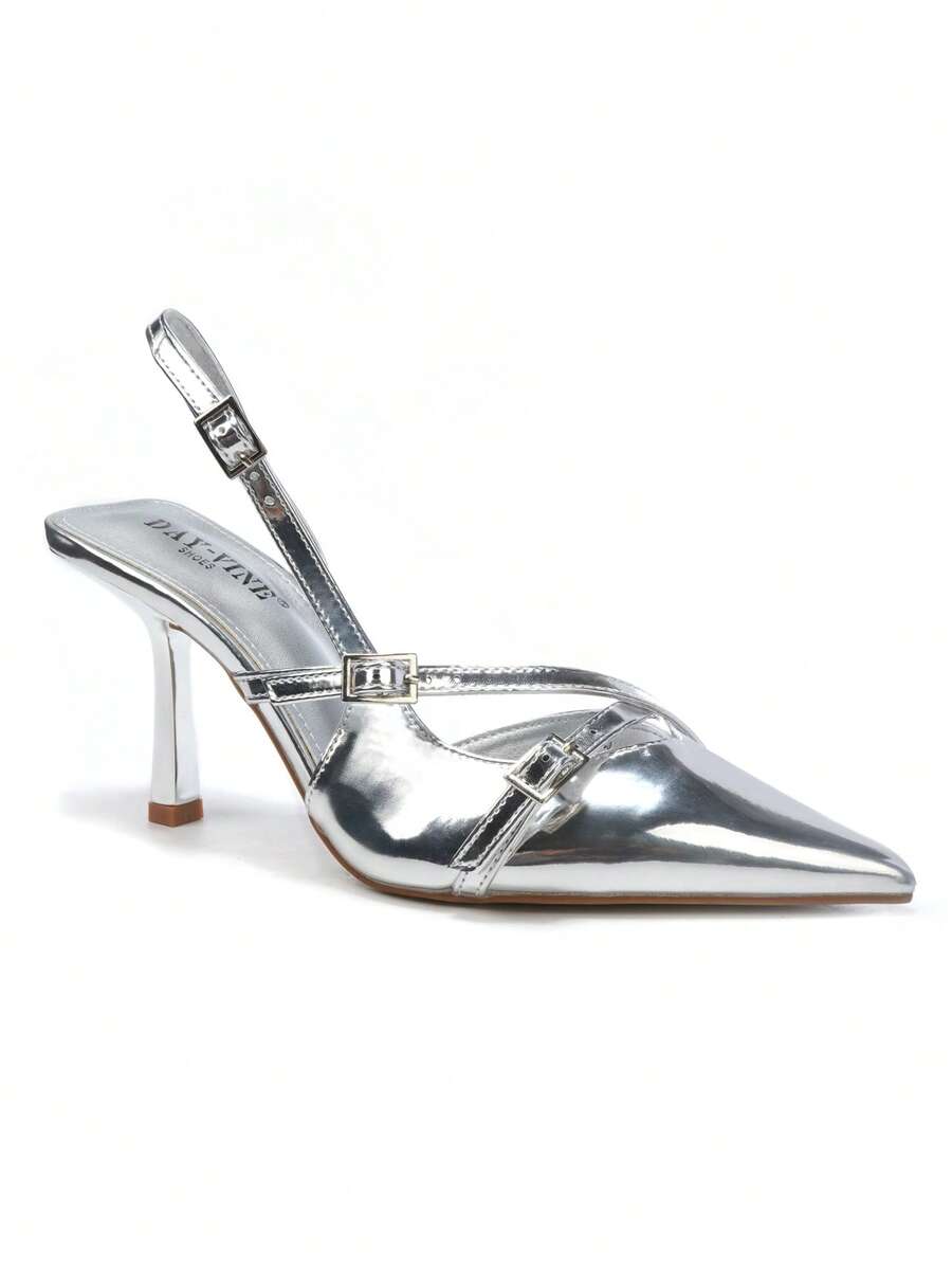 RevReaL 女士漆皮细带尖头细高跟鞋，性感休闲可爱仙女婚礼优雅时尚带扣 - 銀色 - 查看 1