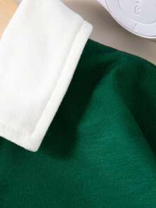 2 件套女孩休闲字母条纹印花半开领落肩长袖上衣运动衫和迷你裙套装，春秋季 - 綠色 - 查看 4