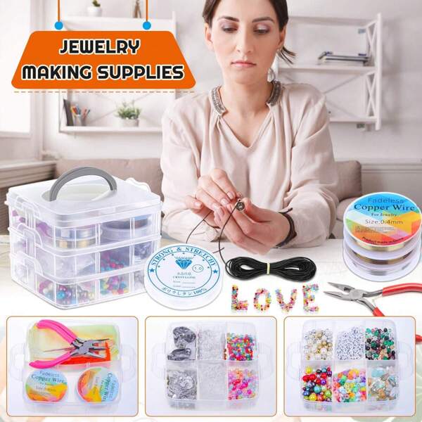Caja de regalo de 3 capas con materiales y herramientas de varios colores, que incluye: Caja de regalo con cuentas mixtas de 10 rejillas en varios colores, caja de regalo con cuentas de 15 colores para hacer pendientes y joyería DIY, herramientas de abalorios hechas a mano, accesorios para brazaletes y collares