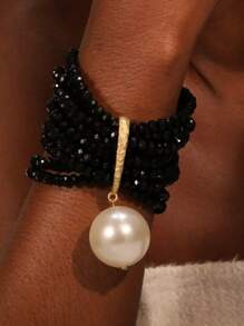 1pc Multi-Layer Black & Beige Faux Crystal & Pearl Pendant Bracelet, Suitable For Women To Wear To Dinner Party, Vacation And Daily Occasions