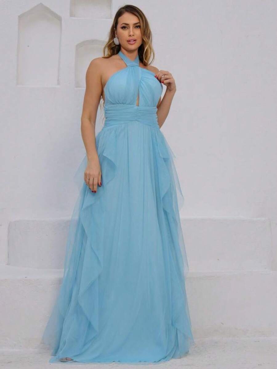 Long Party Dress For Wedding, Bridesmaid, Graduation In Plain Tulle With Cascade Skirt - Màu xanh nhạt - Xem 1