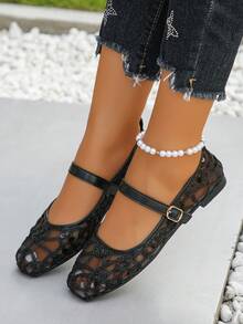 夏季新款时尚百搭玛丽珍黑色镂空网眼透气平底女鞋，休闲百搭，舒适系带刺绣，软底芭蕾平底鞋，图案随意设计 - 黑色圓圈 - 查看 6