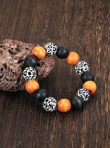 Pulseira de contas de madeira laranja de Halloween, 1 peça, presente para casal, presente para mulher, presente para amiga, presente para melhor amiga, com elasticidade
