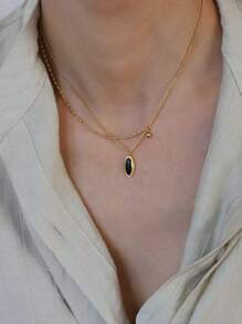 1pc Vintage French Style Titanium Steel Chain Oval Pendant Necklace, Fashionable Minimalist Choker Necklace, Elegant Elegant Neck Accessory