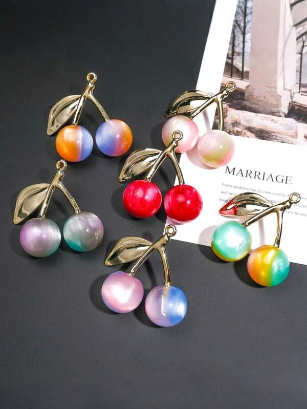 2pcs/Set New Dual-Color Aurora Starry Sky Golden Cherry Pendant With Hole, Acrylic Jewelry Decoration, Necklace, Keychain Accessory