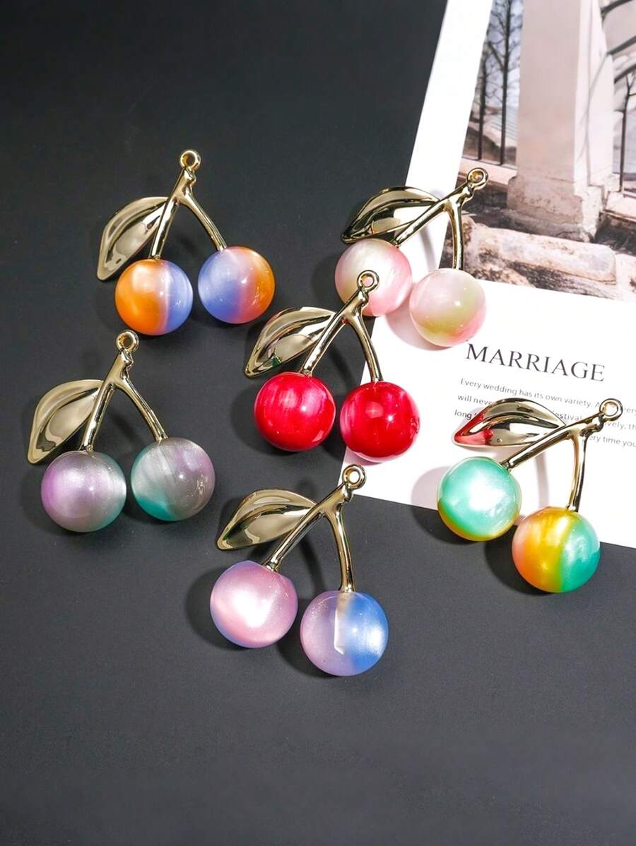 2pcs/Set New Dual-Color Aurora Starry Sky Golden Cherry Pendant With Hole, Acrylic Jewelry Decoration, Necklace, Keychain Accessory