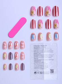 24 piezas de uñas de almendra con estilo de vacaciones en el océano de verano, diseños de caballito de mar, peces, grafiti, uñas postizas dulces y geniales para mezclar y combinar, langosta, fruta, limón, flor, rayas, esenciales para fiestas, viajes y playa, que incluyen 1 pieza de pegamento de gelatina y 1 lima de uñas