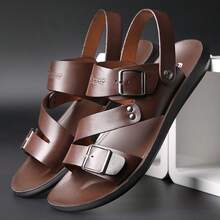 Simple And Versatile Open-Toe Mens Slippers With Double Buckle Design, Comfortable Flat Sole, A Preferred Choice For Daily Wear & Beach Outings. - Brown - View 2