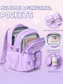3pc Backpack For Girls, Waterproof Kids Backpack With Lunch Box & Pencil Case Set, Bookbag School Bag, School Supplies For Kids Kindergarten Middle High School Students, Back To School Gift For Daughter Granddaughter Niece Sister Friend - 紫色 - 查看 3