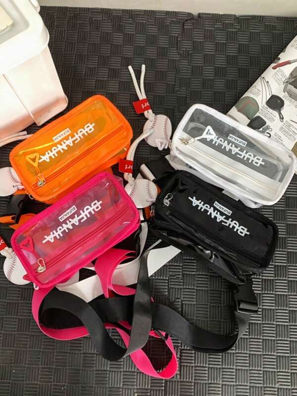 Unisex Couples Clear PVC Block Letter Print Fanny Pack, Baseball Pendant Zipper Chest Bag, Fashion