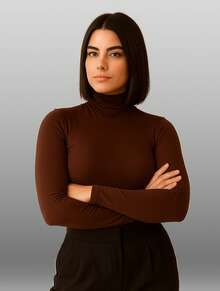 Cacharrel Women's Long Sleeve High Neck Suplex Blouse | Minimalist Second Skin Winter - Rỉ Nâu - Xem 2