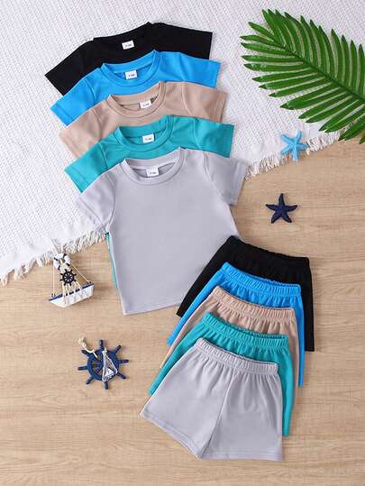 10 件/套男童休闲纯色针织 T 恤搭配纯色百搭短裤户外套装，春夏