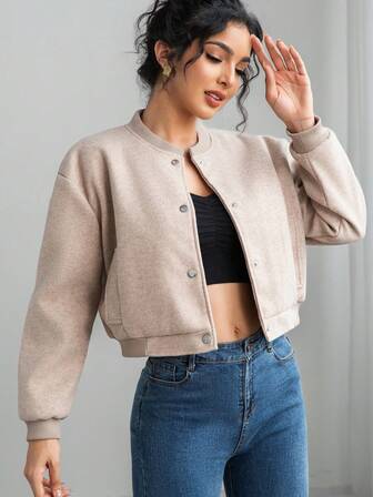 女式短款飞行员夹克秋季长袖棒球外套女士时尚冬季纽扣飞行员夹克街头装