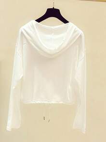 Women's Solid Color Drop Shoulder Long Sleeve Hooded Jacket With Pockets - White - View 3