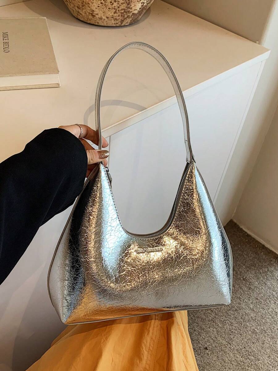 2024 复古简约法式腋下新月包，时尚优雅百搭单肩斜挎法棍包女士手提包 - 銀色 - 查看 1