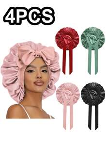 1pc Women Solid Bowknot Decor Satin Casual Hair Bonnet For Daily Life Silk Bonnet Satin Bonnet