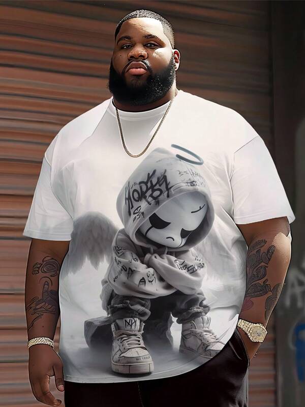 Plus Size T-Shirt, Dark Angel Graffiti Print, Street Hip-Hop Style Loose Fit Top, 100% Polyester, Breathable And Comfortable, Fashion Men Clothing