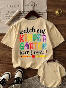 1pc Back To School Girls Casual Graphic Print Round Neck Short Sleeve T-Shirt, Summer Student Outfit - Crayon & Pencil Sketch Minimalist English Letter Style T-Shirt To Inspire Imagination And Self-Expression