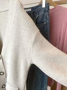 JIANHU Spring New Contrast Stitching Pocket Design Loose Knitted Cardigan Coat Simple Casual Versatile Women's Sweater