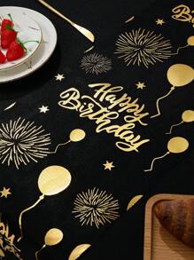 1pc Black & Gold Birthday Table Runner, Gold Foil Balloon & Firework Pattern Tablecloth, 275*28cm Polyester Tablecloth, Happy Birthday Decor, 1st Birthday Party Decor, Birthday Celebration Supplies, Home Decor, Kitchen Decor, Dining Table Decor, Bridal Shower Favor, Holiday Party Supplies