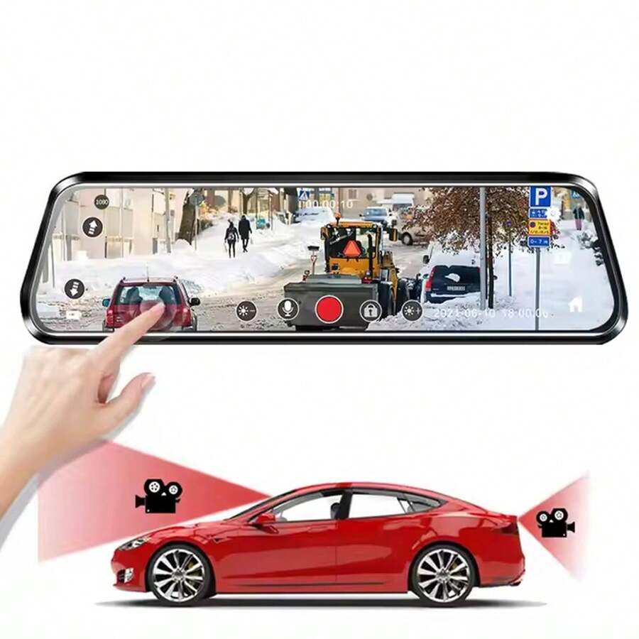 Cámara de registro para automóvil de doble lente de 9,66 pulgadas, grabación frontal y trasera. Incluye soporte WiFi, GPS, resolución Full HD 1080p, pantalla táctil IPS, diseño de espejo retrovisor automotriz, grabación cíclica y visión nocturna. - Negro - Ver 1