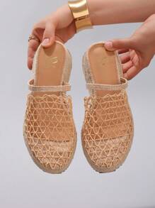 Sandalias con cuña de soga de cáñamo, suela gruesa, respirables con malla calada, diapositivas planas casuales para vacaciones de verano, zapatos de moda diarios para mujer