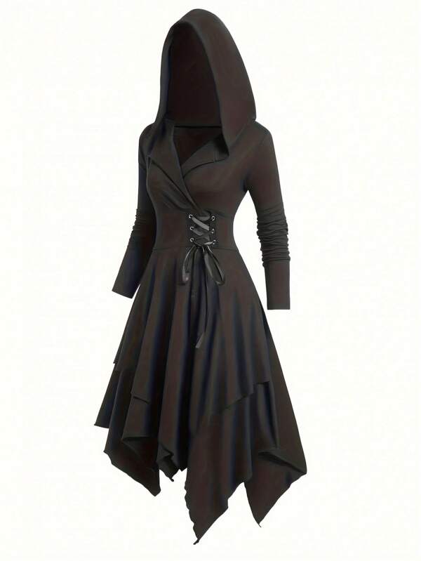 Robe gothique punk grande taille avec capuche et trous pour les pouces - Robe de corset asymétrique à lacets noire unie pour Halloween | Robe académique sombre esthétique sorcière pour morphologies généreuses (1X-5X)