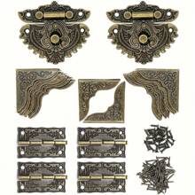 2 zestawy/22 sztuki zabytkowe dekoracyjne szafki na biżuterię zawiasy zatrzaskowe, zabytkowe grawerowane brązowe miniaturowe zawiasy do pudełek i ochraniacze narożników pudełek ze śrubami, DIY rzemiosło drewniane pudełko naprawa pudełek na prezenty