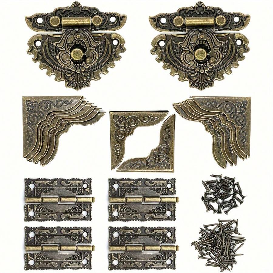 2 zestawy/22 sztuki zabytkowe dekoracyjne szafki na biżuterię zawiasy zatrzaskowe, zabytkowe grawerowane brązowe miniaturowe zawiasy do pudełek i ochraniacze narożników pudełek ze śrubami, DIY rzemiosło drewniane pudełko naprawa pudełek na prezenty