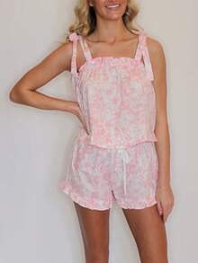 Women Y2k Floral Print 2 Piece Pajamas Set Loungewear Suits Tie-Up Bow Straps Sleeveless Cami Tops And Shorts Vacation Beach Clothes Sleepwear Pjs Outfits - 粉色 - 查看 4