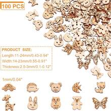 100 件动物风格木质缝纫纽扣，2 孔兔子蝴蝶熊未完成木质缝纫纽扣，用于缝纫工艺品圣诞装饰