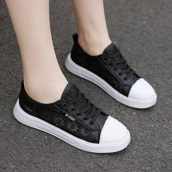 Schwarze Spitzenmuster-Optik Mesh elegante frische weiche lässige leichte komfortable Loafer, geeignet für Pendeln und Gehen, Damen Lässig Sportschuhe