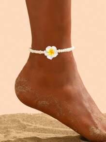 1pc Plumeria Design Anklet For Women, Minimalist Boho Beach Style Glass Beads Ceramic Plumeria Anklet