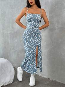 Vestidos casuales para mujer con estampado completo, corte midi, abertura lateral y tirantes finos – estilo moderno y fresco tipo camisola para verano