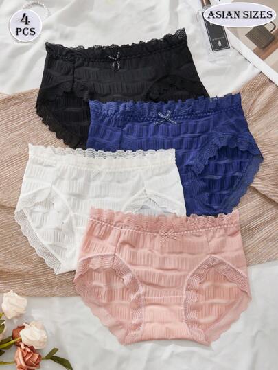 Calcinha feminina 4 peças com laços fofos, estilo fada doce, plissado, renda ondulada, tecido de malha confortável, quatro estações, calcinha preta sexy, shorts azul-marinho, calças brancas, lingerie feminina fofa para estudantes