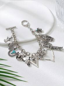 1pc Women Fashion Multi-Element Beaded Bracelet With Western Cowboy, Turquoise, Crown, Butterfly, Cross, Faux Pearl Charms - Antique Silver - View 2