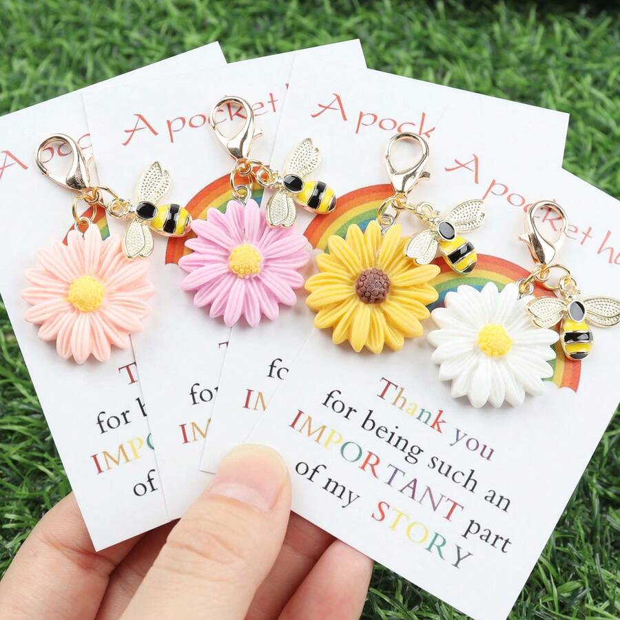 1pc/4pcs/8pcs Enamel Flower & Bee Keychains Set With "A Pocket Hug" Rainbow Gratitude Cards ,Bee And Daisy Keychain, Teacher Appreciation Gift, Back-To-School Gift ,Parties Gift, Holidays & Anniversaries Gift, Ideal As Key/Bag Charms Bag Accessories Lanyards With Id Holder Car Accessories