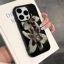 极简黑白皮革纹理百合花图案手机壳，1件装，黑色皮革纹理极简个性化黑白百合花图案手机壳，适用于 16 Pro Max/15/14 Plus/13/12/11，防水防震防摔防刮时尚手机壳，春季礼物。 - 彩色 - 查看 2