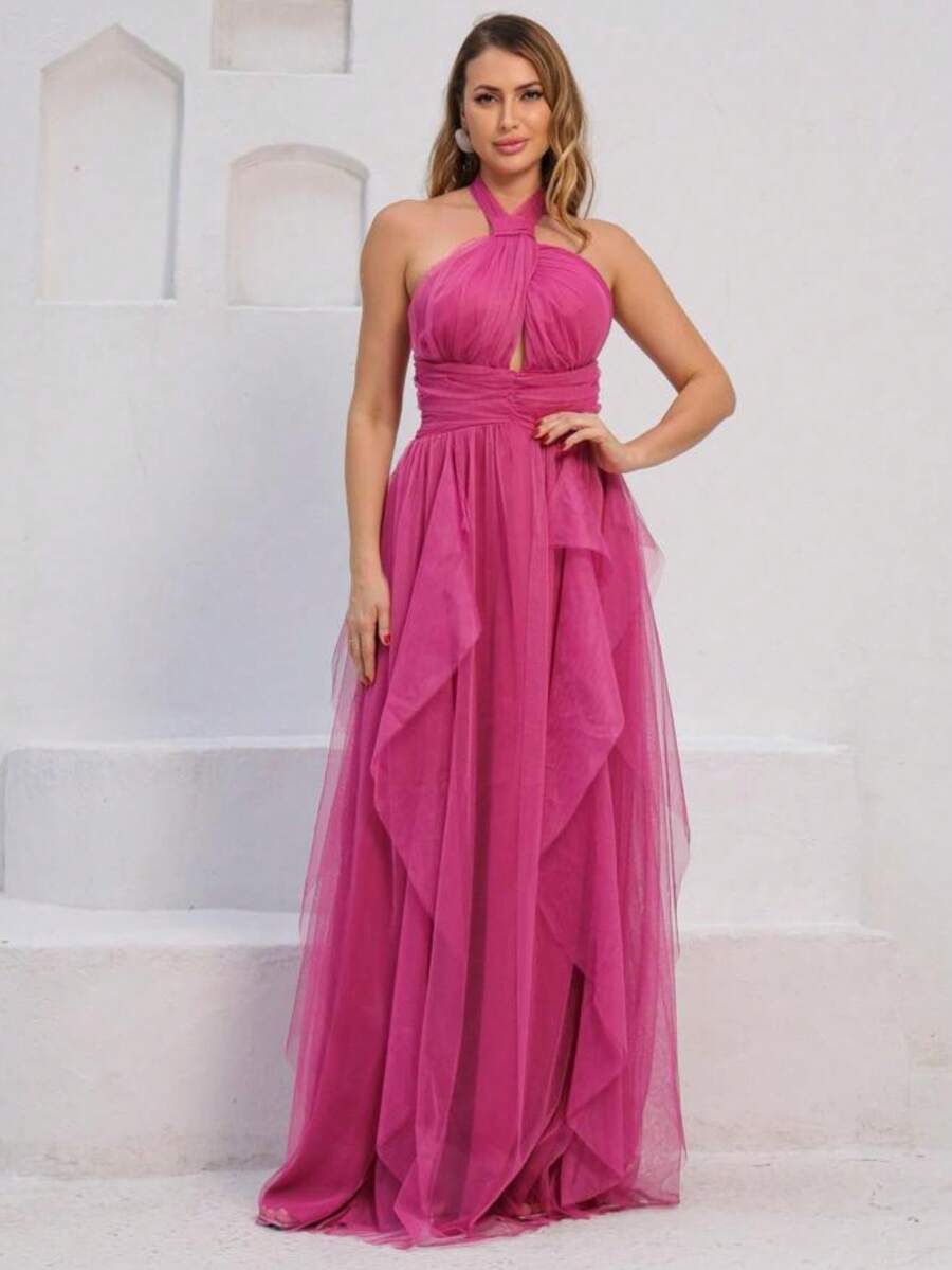 Long Party Dress For Wedding, Bridesmaid, Graduation In Plain Tulle With Cascade Skirt - Màu Hồng Tươi - Xem 1