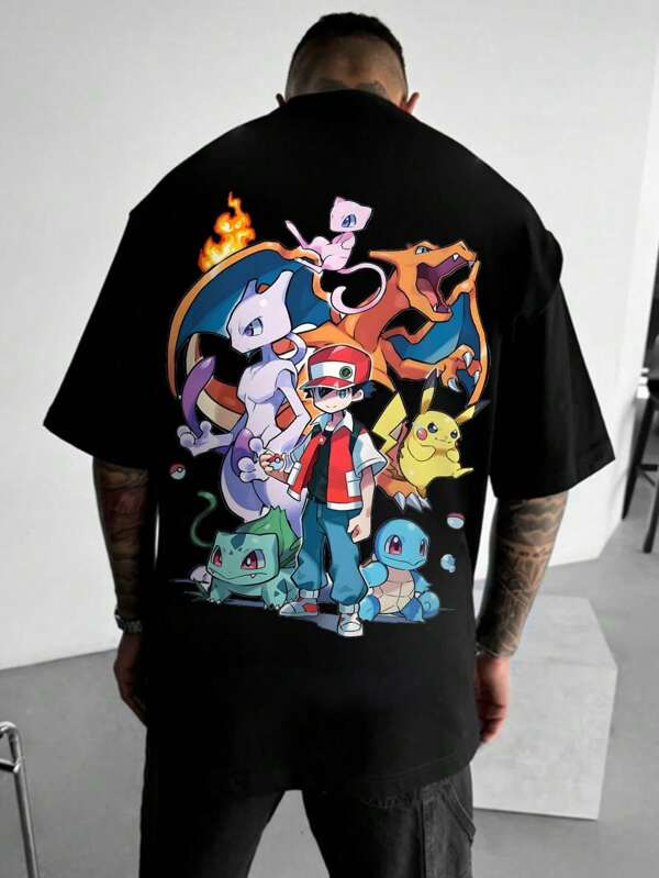 pokemon Men's Summer Casual Cute Cartoon Pattern Round Neck Short Sleeve T-Shirt