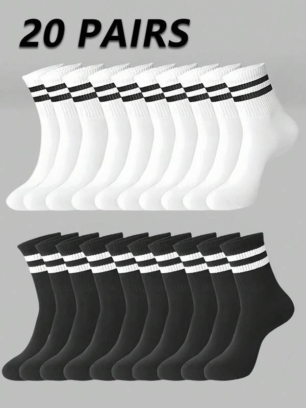 1/20 Pairs Unisex Black & White Striped Mid-Calf Socks, Business, Sports, Casual Suitable For Daily Wear, All Season, Autumn/Winter
