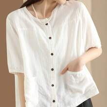 Women's Button Down Blouse With Pockets Casual Stylish Solid Short Sleeve Linen Tops For Spring  Summer