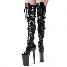 Comes With A Highlight Filter! Patent Leather Knee Boots With Triple Buckle Straps + Hate Height Punk Stage Double Kill Spice Girl Style Straight Up Stomp Out "Visual Blast"