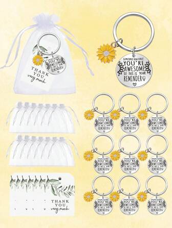 1 ST/12 ST/20 STUKS Inspirerende Zonnebloem Sleutelhanger Cadeauset, Organza Zakjes Bedankt Labels voor Feestbenodigdheden, Je bent GEWELDIG, Inspirerende Woorden Rugzak voor School