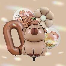 Balões grandes de alumínio em formato de capivara marrom chocolate, com números de 0 a 9, adequados para decoração de festas de aniversário com tema animal. Duráveis, à prova d'água e reutilizáveis. - Multicolorido - Ver 2