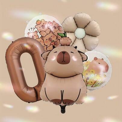 Large Chocolate Brown Capybara Shaped 0-9 Number Aluminum Foil Balloons, Suitable For Animal-Themed Birthday Party Decorations. Durable, Waterproof, And Reusable.