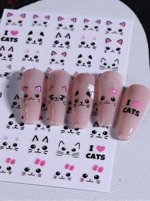 2 hojas de pegatinas de arte de uñas de gato súper lindas, patrón de gato rosa y negro, accesorios de decoración de uñas autoadhesivos, adecuados para mujeres y niñas diseño de uñas DIY - Multicolor - Ver 6